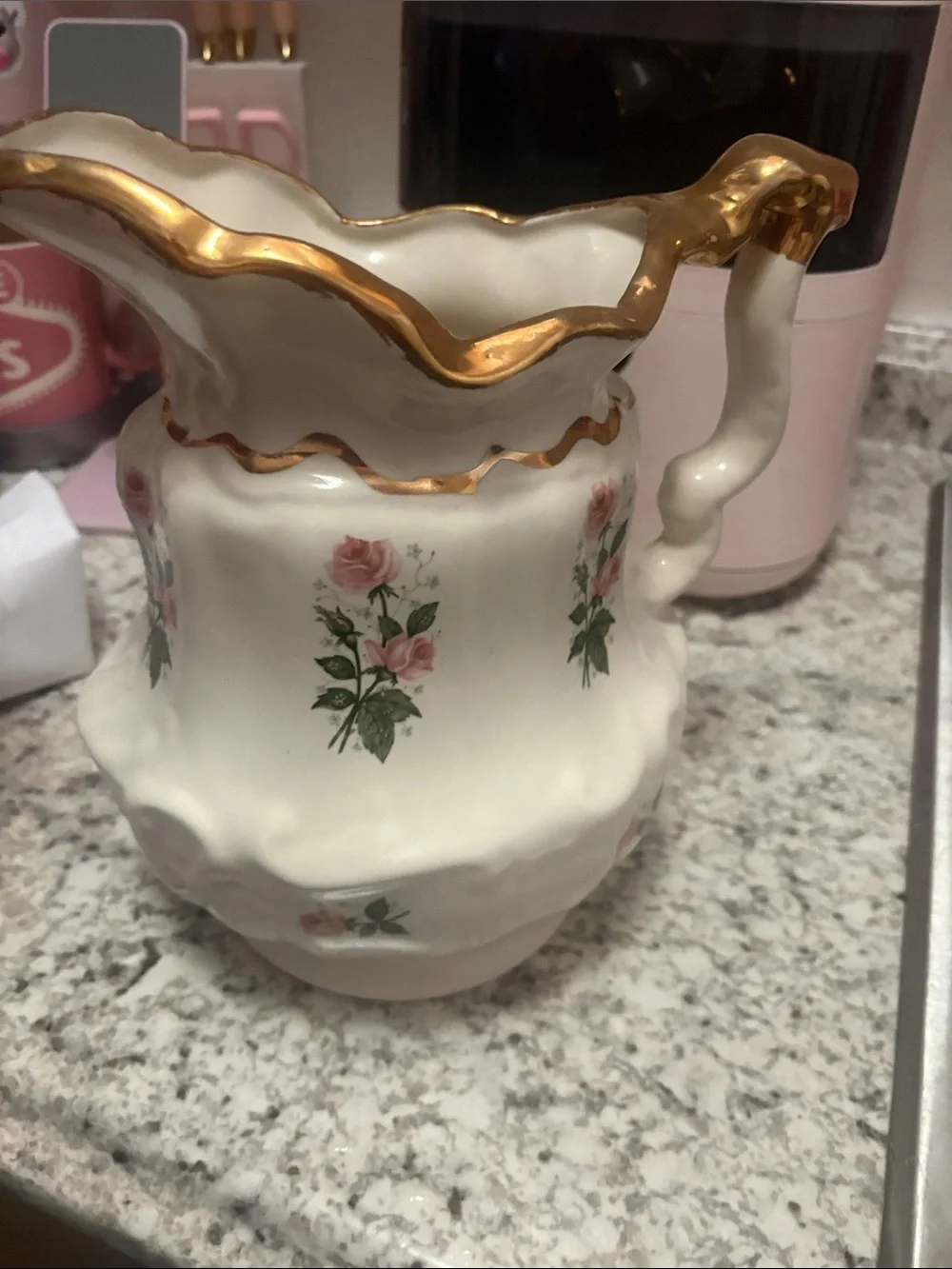 Vintage-Style White Ceramic Pitcher with Pink Rose Motif and Gold Trim